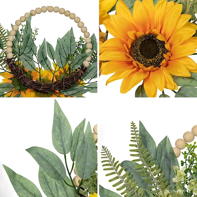 Spring Wreaths for Front Door 10" Artificial Floral Wood Bead Wreaths Eucalyptus Leaves Sunflower Wreaths for Front Door Boho Farmhouse Wall Decor 2 Pack