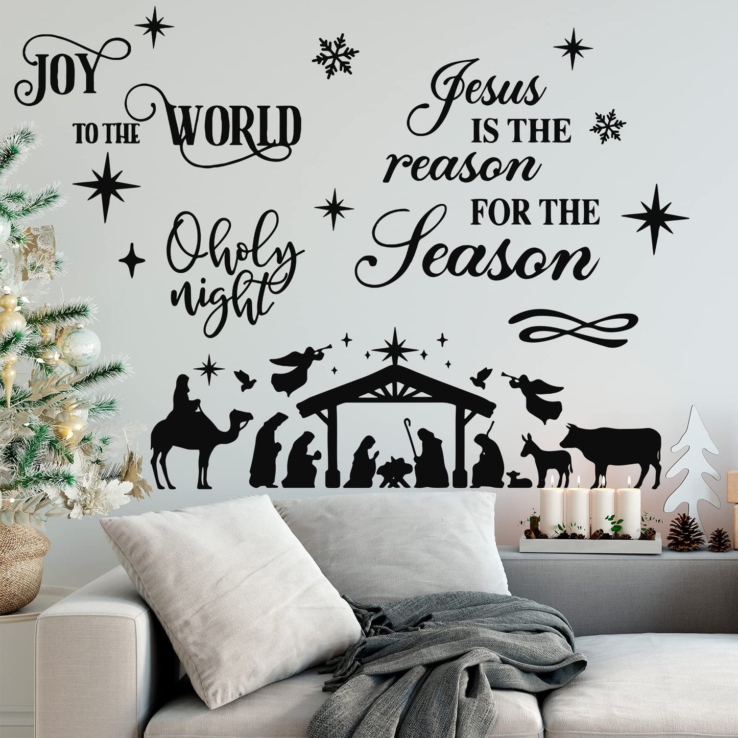 3 Pcs Nativity Scene Decor Stickers Christmas Bible Quotes Christian Vinyl Wall Decal Set Jesus is The Reason for The Season Bible Verse Wall Decals Joy to The World Stickers for Home