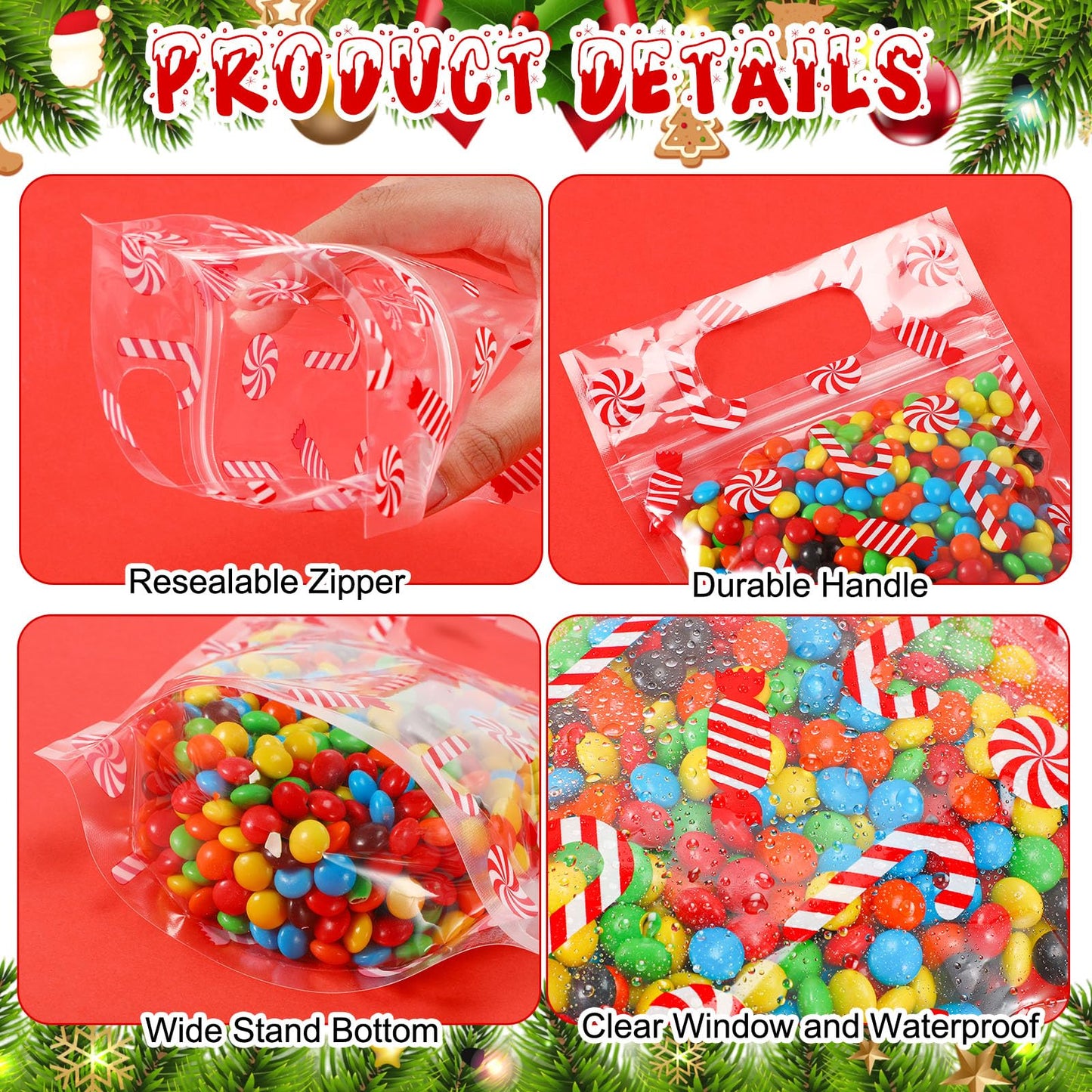 Fuutreo 50 Pcs Christmas Candy Gift Bags Xmas Clear Sealing Pouches with Handles Resealable Red Christmas Plastic Bag for Xmas Winter Holiday Party Snack Gift Wrap Supplies Decoration (Candy)