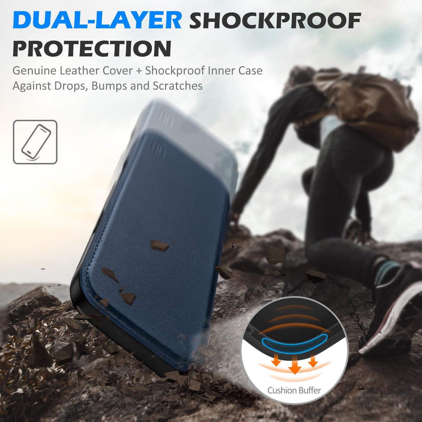 SHIELDON Genuine Leather Slim Wallet Case for iPhone 17 Pro Max 6.9 Inch 2025 | Flip | RFID Blocking Credit Card Slot | Magnetic Closure | Wireless Charging | Shock Absorbing Cover | Navy Blue