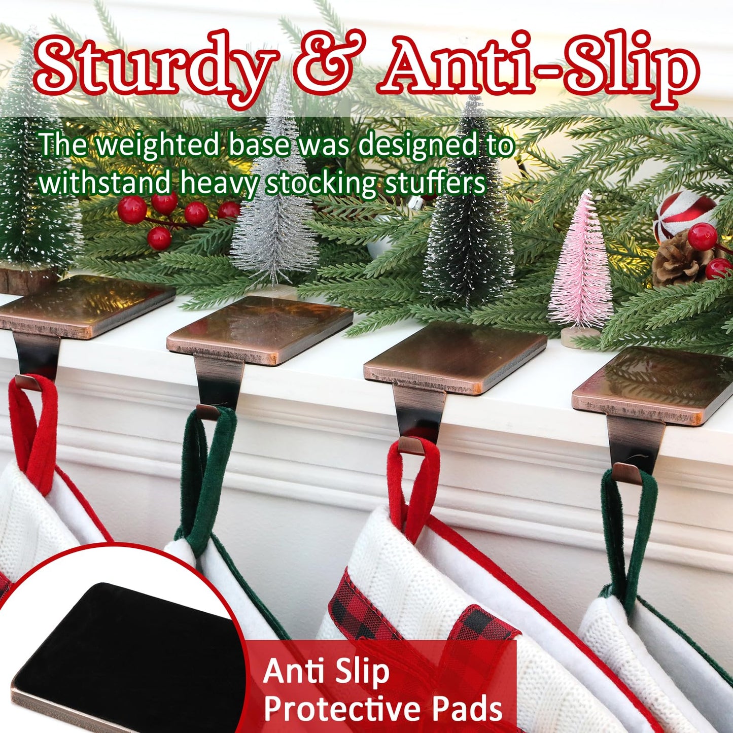 HMASYO Christmas Stocking Holders for Mantle Set of 4, Heavy Duty Iron Stocking Hangers Base, Low Profile Weighted Stocking Holder Hooks for Fireplace Tabletop Shelf Christmas Decoration, Copper
