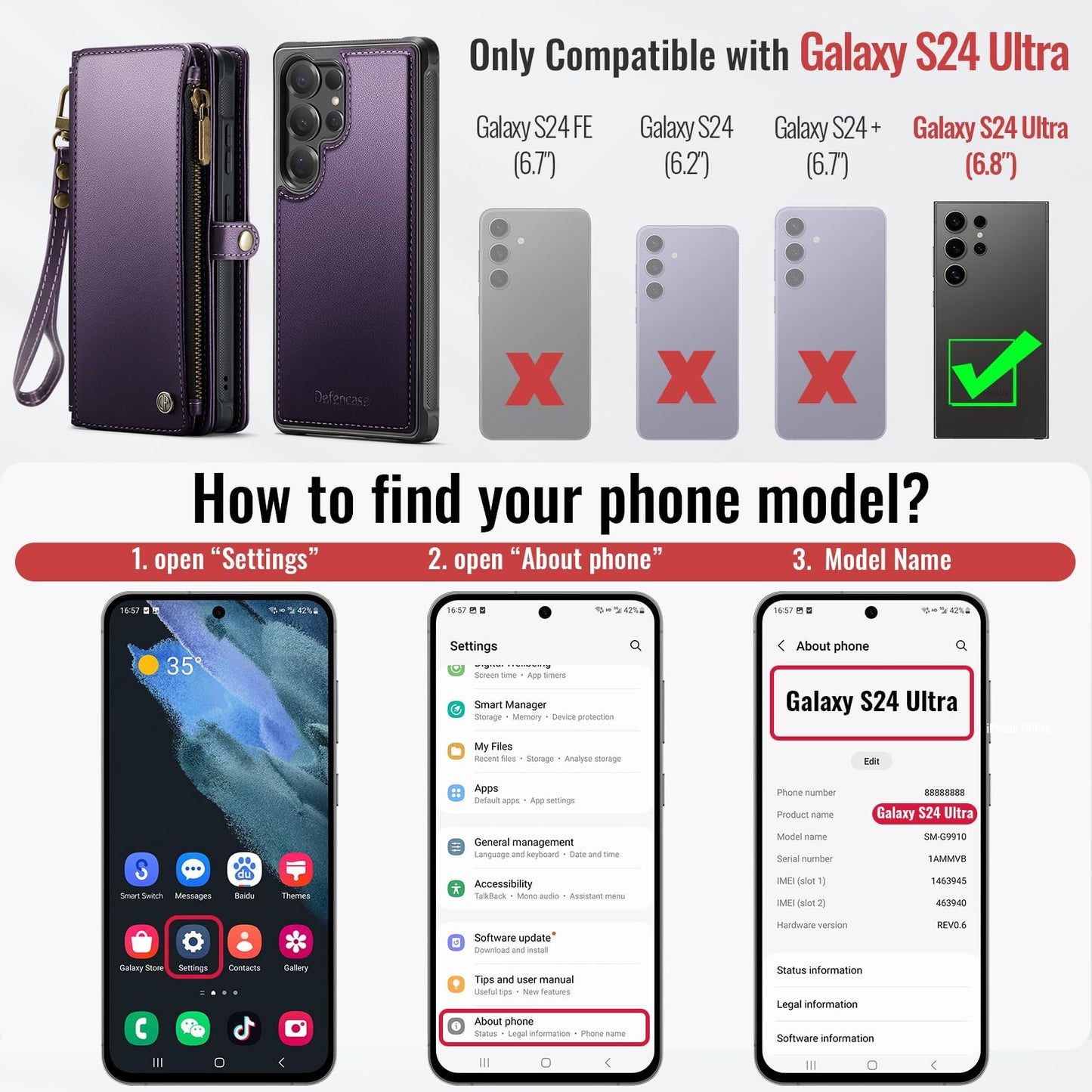 Defencase for Samsung Galaxy S24 Ultra Magnetic Wallet Case Compatible with Magsafe with RFID Blocking Zipper & Card Holder Women, PU Leather Detachable Phone Case for Galaxy S24 Ultra 6.8", Purple