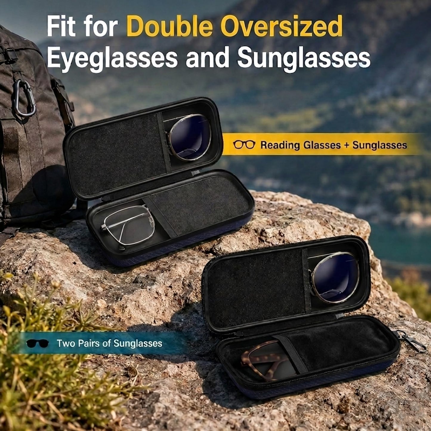 LUREMADE Double Oversized Eyeglasses Case Dual Sunglasses Case Hard Shell Glasses Case with Clip Metal Carabiner Travel, Black