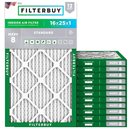 Filterbuy 16x25x1 Air Filter MERV 8 Essential Dust & Allergy Defense (12-Pack), Electrostatic Pleated HVAC AC Furnace Filters Replacement, Made in USA (Actual Size: 15.50 x 24.50 x 0.75)