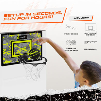 AND1 Over The Door Mini Hoop: - 18”x12” Pre-Assembled Portable Basketball Hoop with Flex Rim, Includes Two Deflated 5” Mini Basketball – Volt/Black (5A1GT0110F0E2)