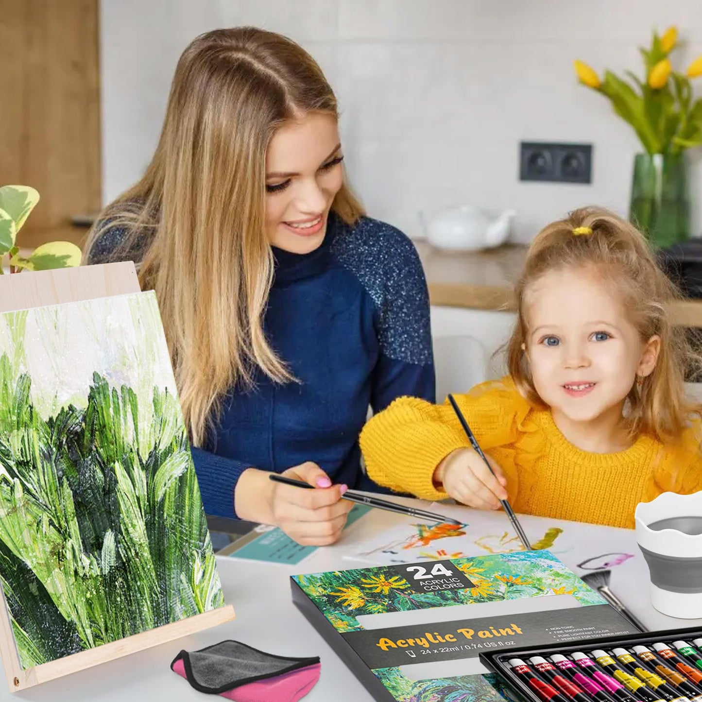 Inburit Acrylic Paint Set, Painting Supplies Kits with 24 Acrylic Paints(22ml), 8 Brushes,1 Wooden Easel,1 Palette etc, Paint Kit for Kids,Adults and Artists