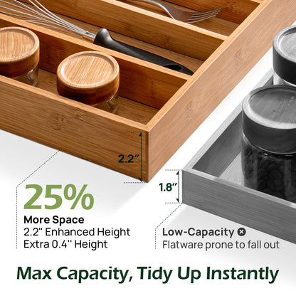 Carbonized Bamboo Kitchen Drawer Organizer, 8 Slots Silverware Organizer, Utensil Holder & Cutlery Tray, 2.2" Deep for Extra Capacity, Non-Slip Feet Included