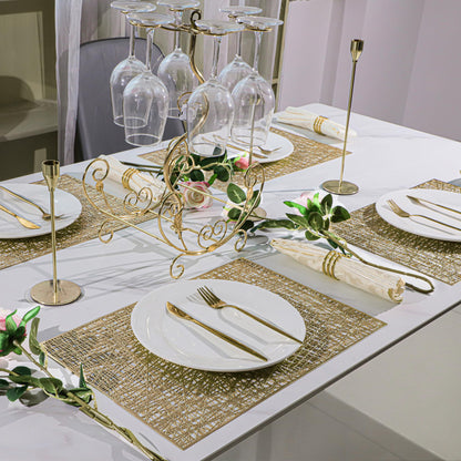 Snowkingdom Gold Placemats Set of 4, Golden Vinyl Rectangle Metallic Wipeable Place mats, Washable Easy Clean Non Slip Stain Resistant Hollow Kitchen Dining Table Mats for Wedding Party Decoration