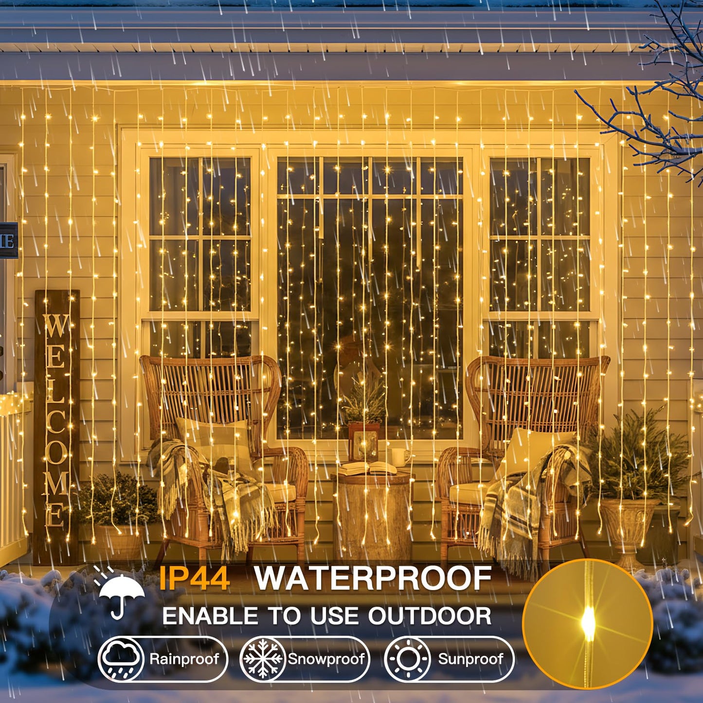 suddus Tangle-Free Curtain Lights,400 LED Connectable Hanging Lights with Hook, Waterproof Window Lights for Christmas, Dorm, Wall, Backdrop, Wedding, Party, Birthday Decor, Warm White