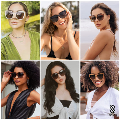 SOJOS Trendy Polarized Sunglasses For Women Retro Womens Oversized Square Cat Eye Sun Glasses UV Protection SJ2206 Black Frame Grey Lens