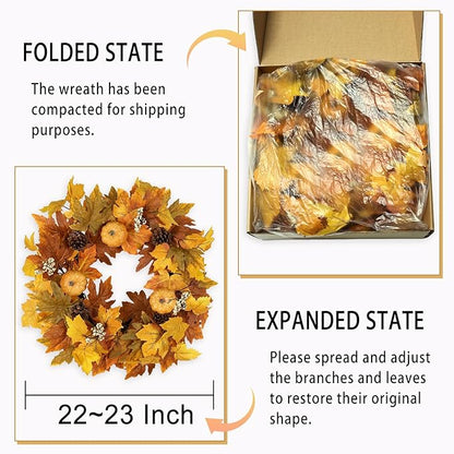 Fall Wreaths for Front Door Outside Autumn Wreath with Lights Berries Pine Cones Fall Decorations for Home Decor Pumpkin Wreath for Farmhouse Holiday Thanksgiving Harvest Halloween Outdoor