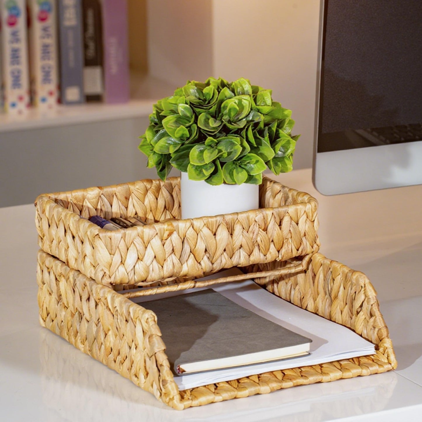 PINXIURY Woven Water Hyacinth Paper Organizer for Desk – Set of 2 Letter Trays – Tabletop Folder & Document Storage Trays – Desktop File Organizer for Home & Office