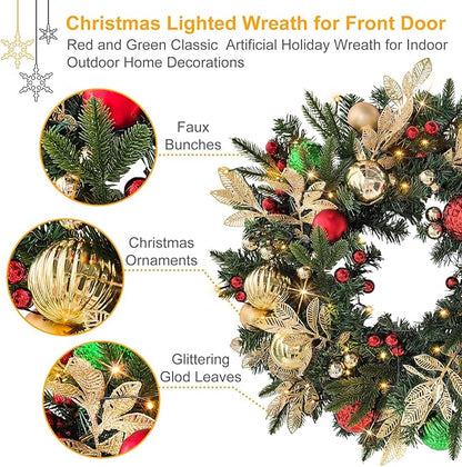 28’’ Pre-Lit Artificial Christmas Wreath Battery Operated 35 LED Lights with Gold, Green, and Red Ornaments, Glittering Gold Leaf Steams for Front Door, Xmas Wreath for Holiday Christmas Decorations