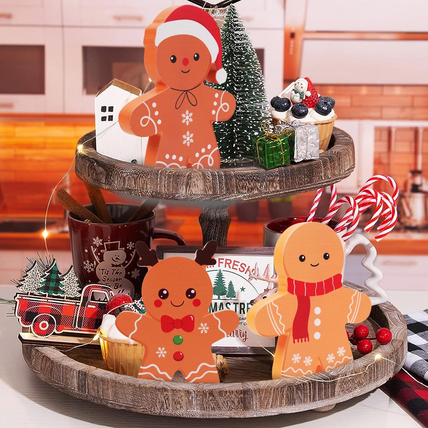 COCHIE Gingerbread Man Christmas Decorations Indoor, Tiered Tray Decor Set of 3, Wooden Gingerbread Blocks Xmas Table Decoration for Party, Home, Office, Shelf, Door (2024)