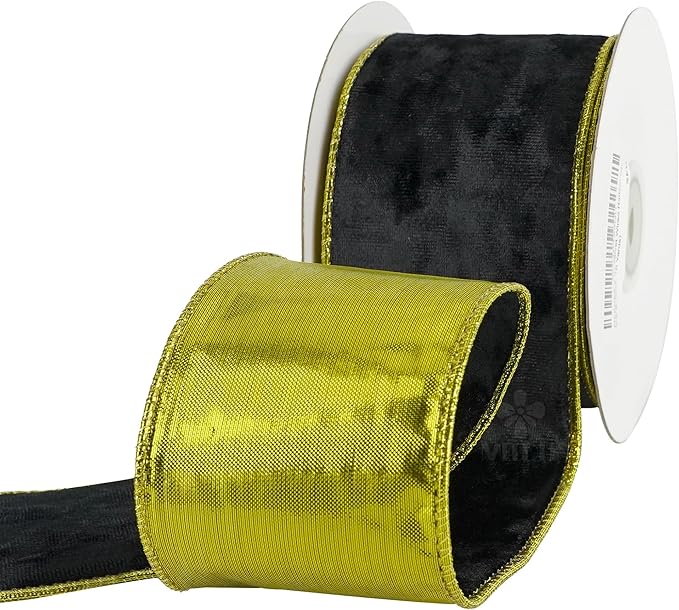 MEEDEE Black and Gold Velvet Ribbon 2.5 inch with 10 Yards Spool Two Tone Velvet Wired Ribbon for Gift Wrapping, Halloween Wreaths, Christmas Tree, Large Bow, Crafts Supply