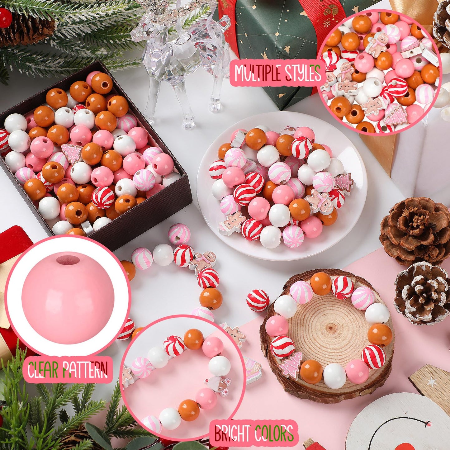 Cinnvoice 240 Pcs Christmas Wooden Beads Bulk for Craft Jewelry Making Round 16mm Santa Peppermint Swirl Beads for DIY Garland Holiday Tiered Tray Tree Decor(Gingerbread,Pink)