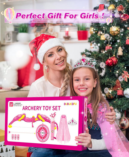 DUDUCOFU Kids Bow and Arrow Set Toys for Girls, LED Light Up Archery Bow Set with Princess Cape and Crown, 10 Suction Cup Arrows, Indoor and Outdoor Play Birthday Gift Toy for Kids Boys Girls