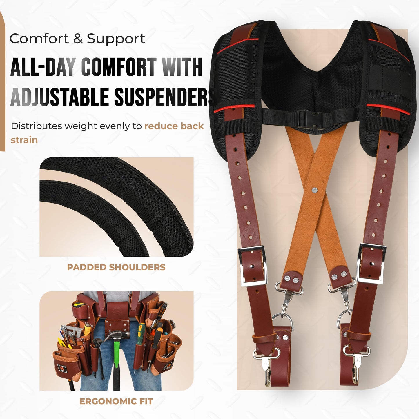 ABRIX Heavy Duty Tool Belt for Men – 4MM Thick Genuine Leather, Brass Buckle & Rivets | Foam Padded Comfort | 28-Pocket Carpenter & Framing Rig with Suspender | Work Belt Fit upto 32" to 52"