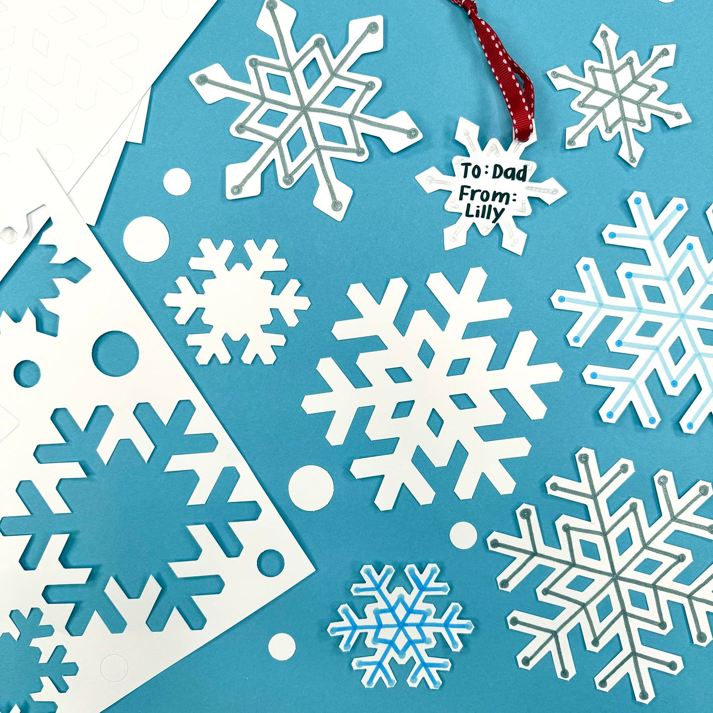 80 Pieces Snowflake Paper Cutouts with IDEA Guide, 2-Sided US Made Card Stock Punch Out White Snowflakes for Bulletin Boards, Classroom Decor - Small and Large Snowflake Decorations Winter Cutouts