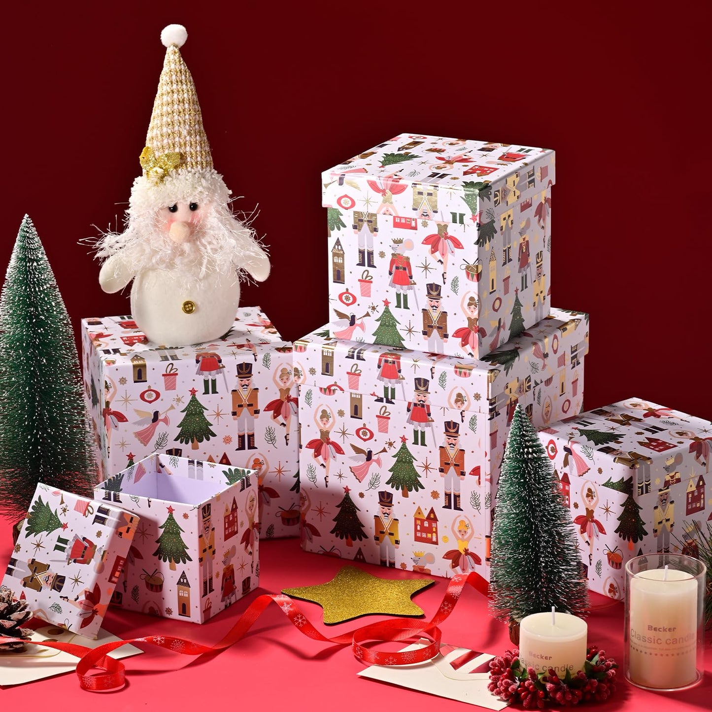 PAPER FAIR 5PCS Christmas Nesting Gift Boxes with Lid, Xmas Nested Box Set, 5 Sizes, Square Stackable, White Ballerina Nutcracker Paper Box Tower Décor, for Holiday Thanksgiving New Year Packaging