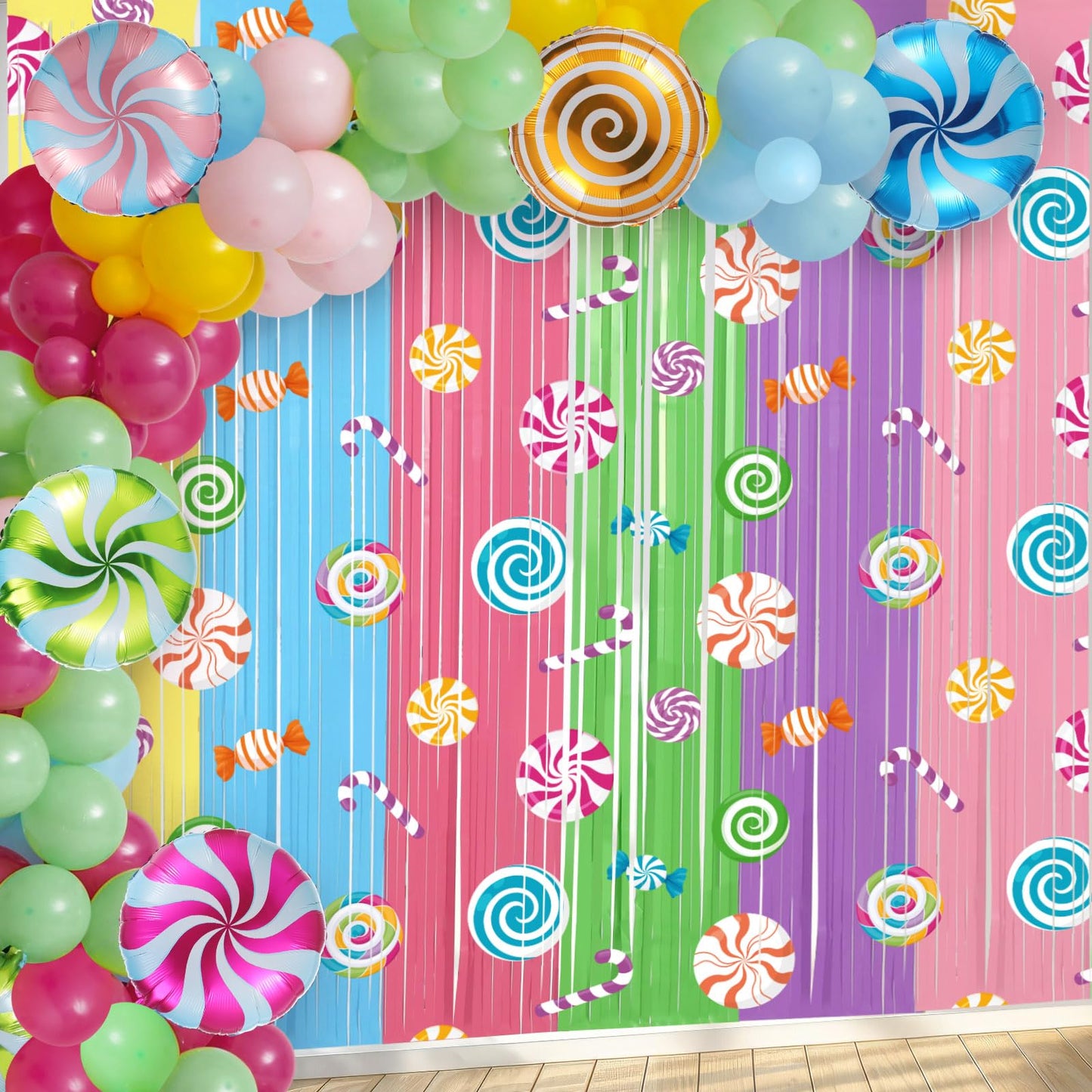 Blosssound Candy Party Decoration with 2 Packs 3.3 x 6.6 ft Candy Foil Fringe Curtain and 97 Pcs Sweet Balloons Garland Arch Kit with Lollipop Foil Balloon for Birthday Party Decorations Supplies
