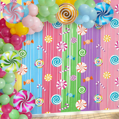 Blosssound Candy Party Decoration with 2 Packs 3.3 x 6.6 ft Candy Foil Fringe Curtain and 97 Pcs Sweet Balloons Garland Arch Kit with Lollipop Foil Balloon for Birthday Party Decorations Supplies