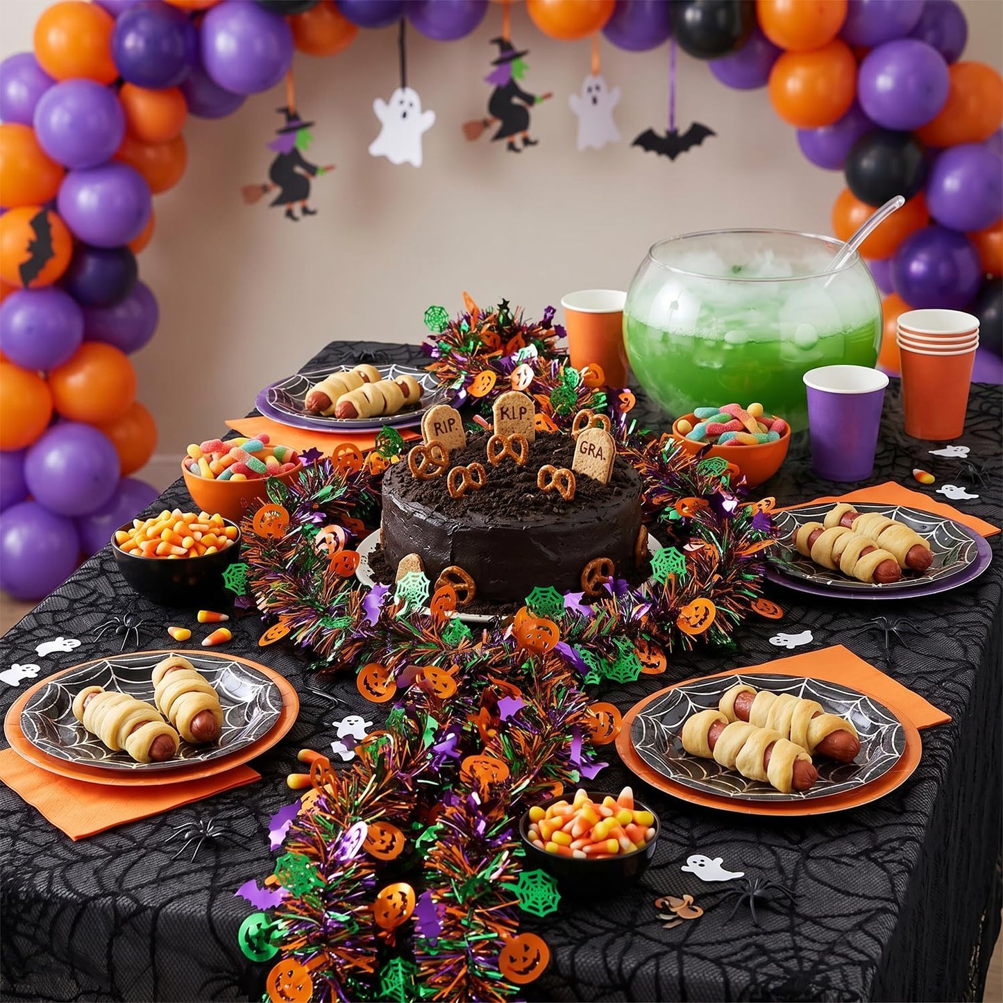 50 Ft Halloween Tinsel Garlands,Funny Pumpkin Bats Spider and Web Shiny Metallic Twist Foil Tinsel Garland Hanging Holiday Decorations for Home Indoor Outdoor Festivities Party Decor