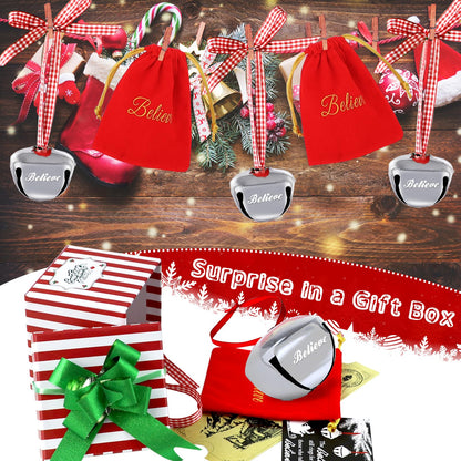 4 Set Polar Express Decorations Gift Box, Christmas Believe Bell Ornaments, 2.3" x 2.7" Sleigh Bell with Personalized Train Ticket and Red Bag