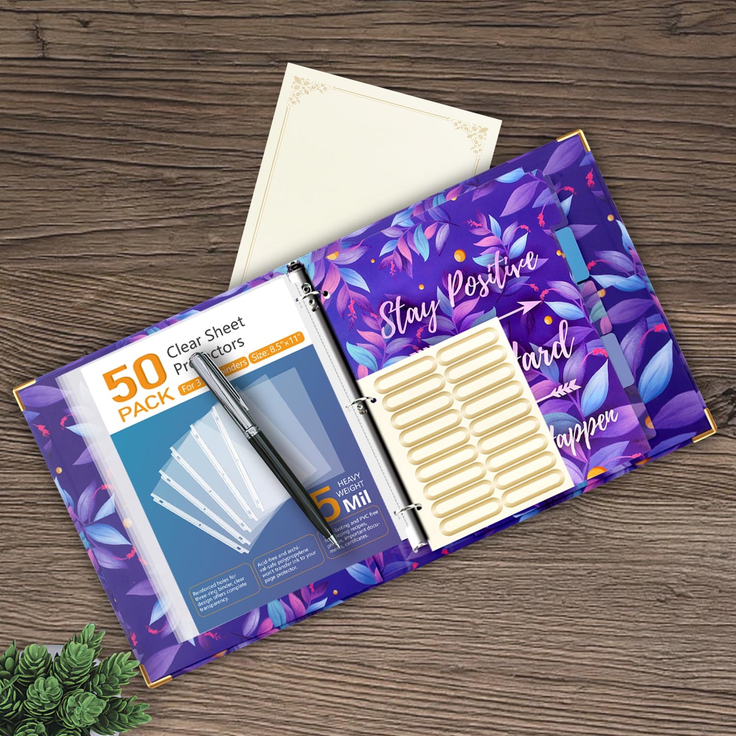 3 Ring Binder with Clipboard with 50 Sheet Protectors 8.5 x 11 inch, 2 Pockets Purple 3 Ring Binder (11" x 8.5") Folders with Tab Dividers for Women School Office Supplies Portfolio (Purple)