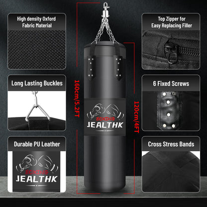 Jealthk 4ft Heavy Punching Bag Set for Adults Complete Boxing Training Equipment with 12oz Gloves, Suitable for MMA, Taekwondo, Muay Thai, Home Gym Unfilled