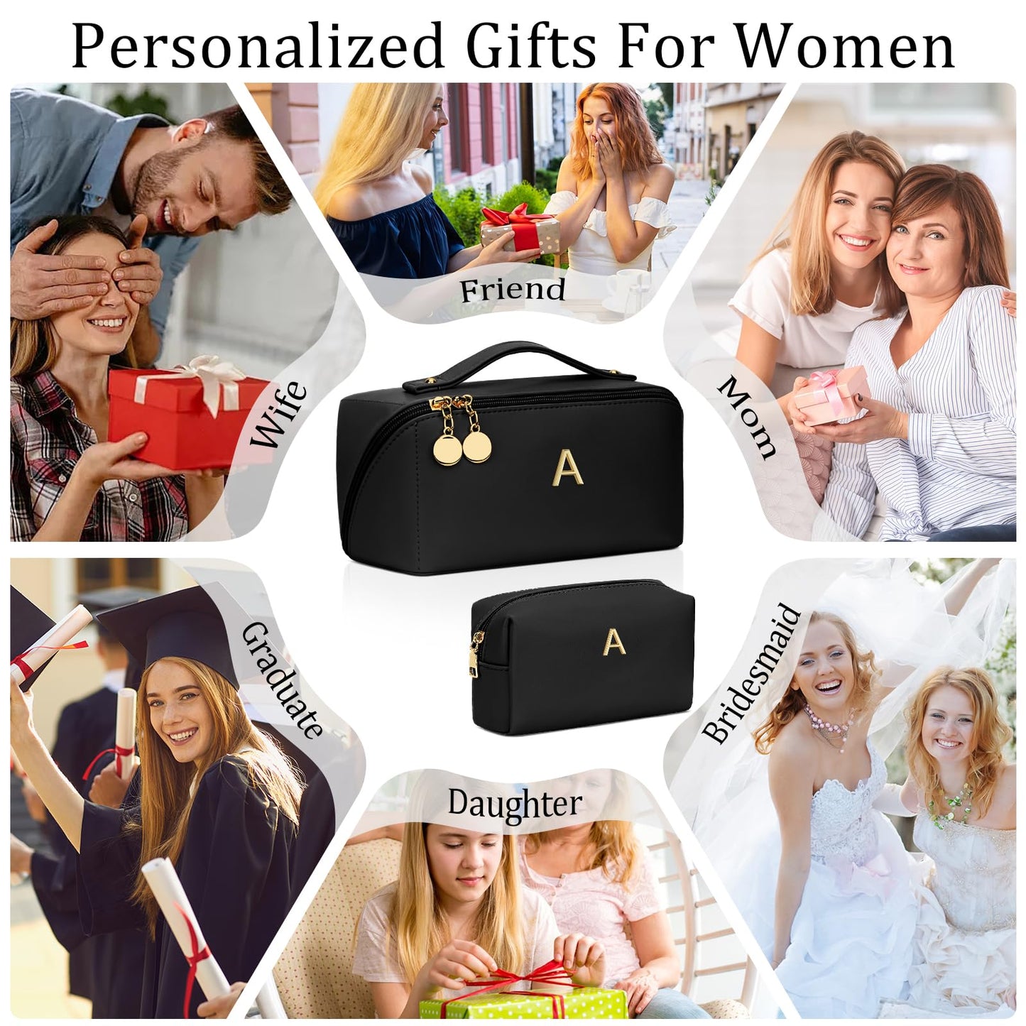 CLOUDWINGS Birthday Gifts for Women Teen Girl, Personalized Initial Makeup Organizer Bag Set, Open Flat Travel Cosmetic Bag With Clear Divider and Handle(Black,A)