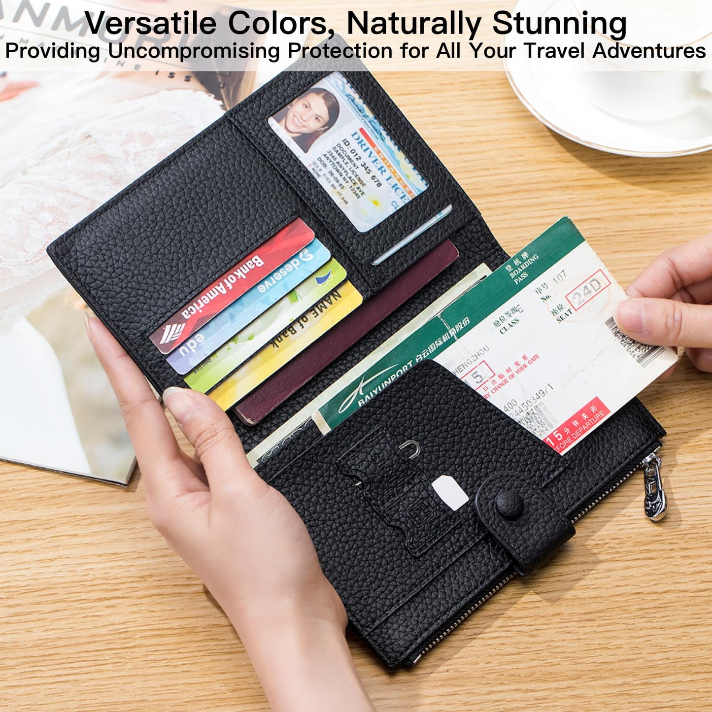 Genuine Leather RFID Blocking Passport Holder Wallet, Multi-Functional Travel Document Organizer with Zipper Pocket, Includes SIM Card Ejector Pin (Dark Khaki)