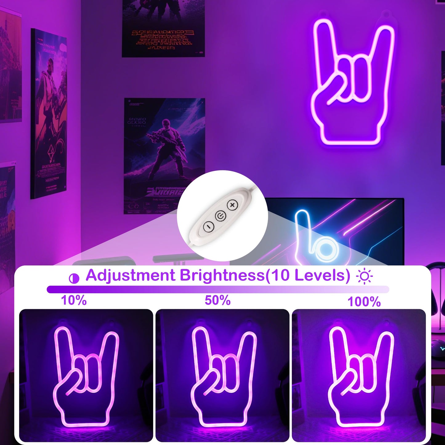 Attivolife Rock Hand Shaped Neon Light, Gamer Wall Decor LED Neon Signs with Dimmable, USB Powered for Bar Christmas Birthday Home Party Gifts