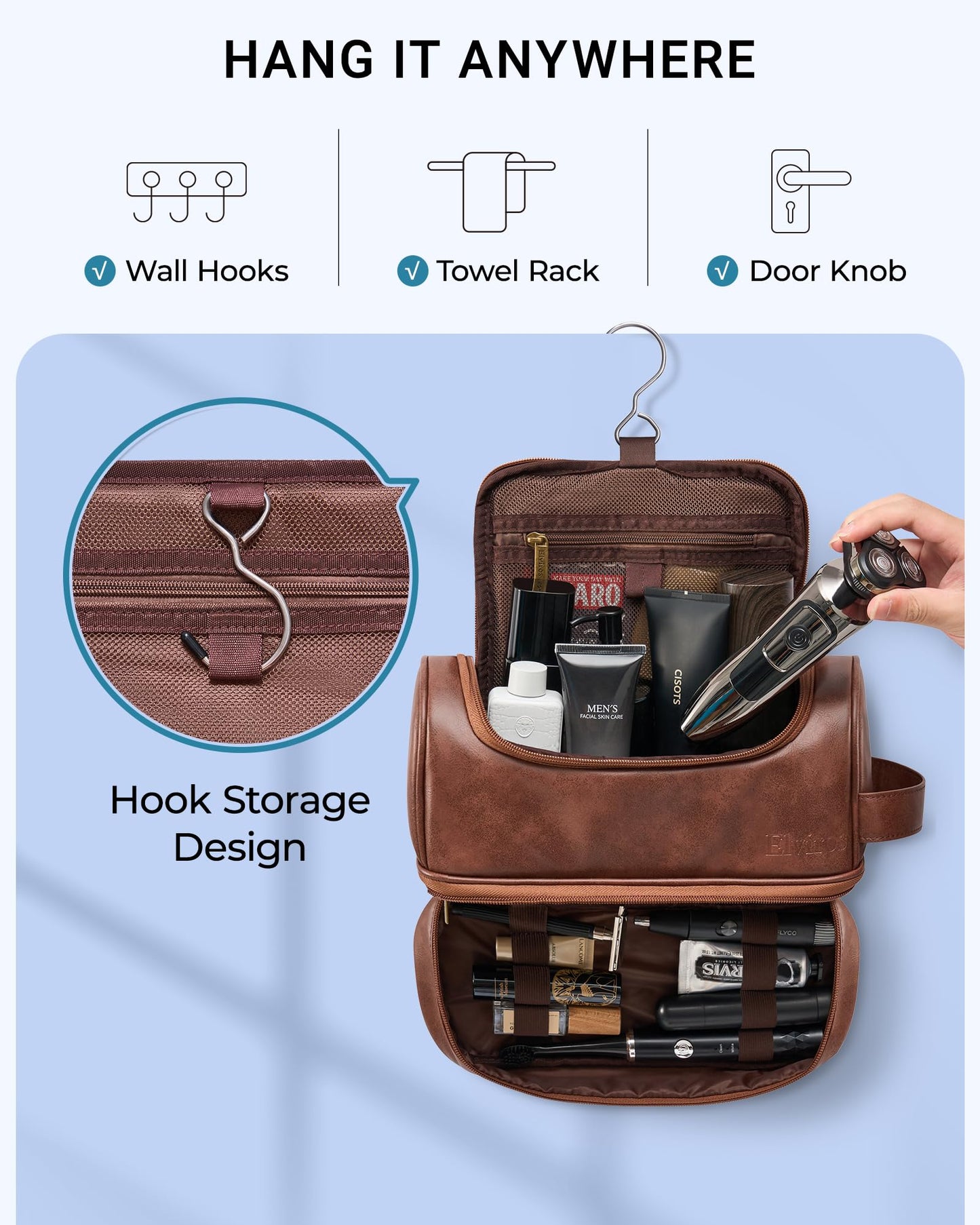 Elviros Toiletry Bag for Mens PU Leather Travel Organizer Kit with Hanging hook, Large Water-resistant Toiletries Bathroom Shaving Bag, Gift For Men (Dark Brown)