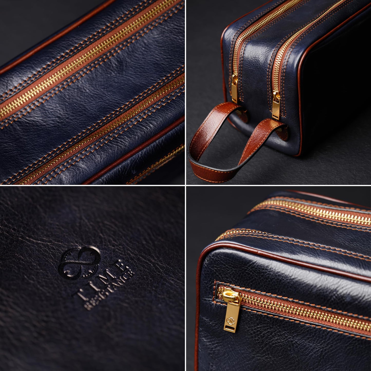 Time Resistance Leather Cosmetic Bag - Italian Toiletry Dopp Kit (Blue)