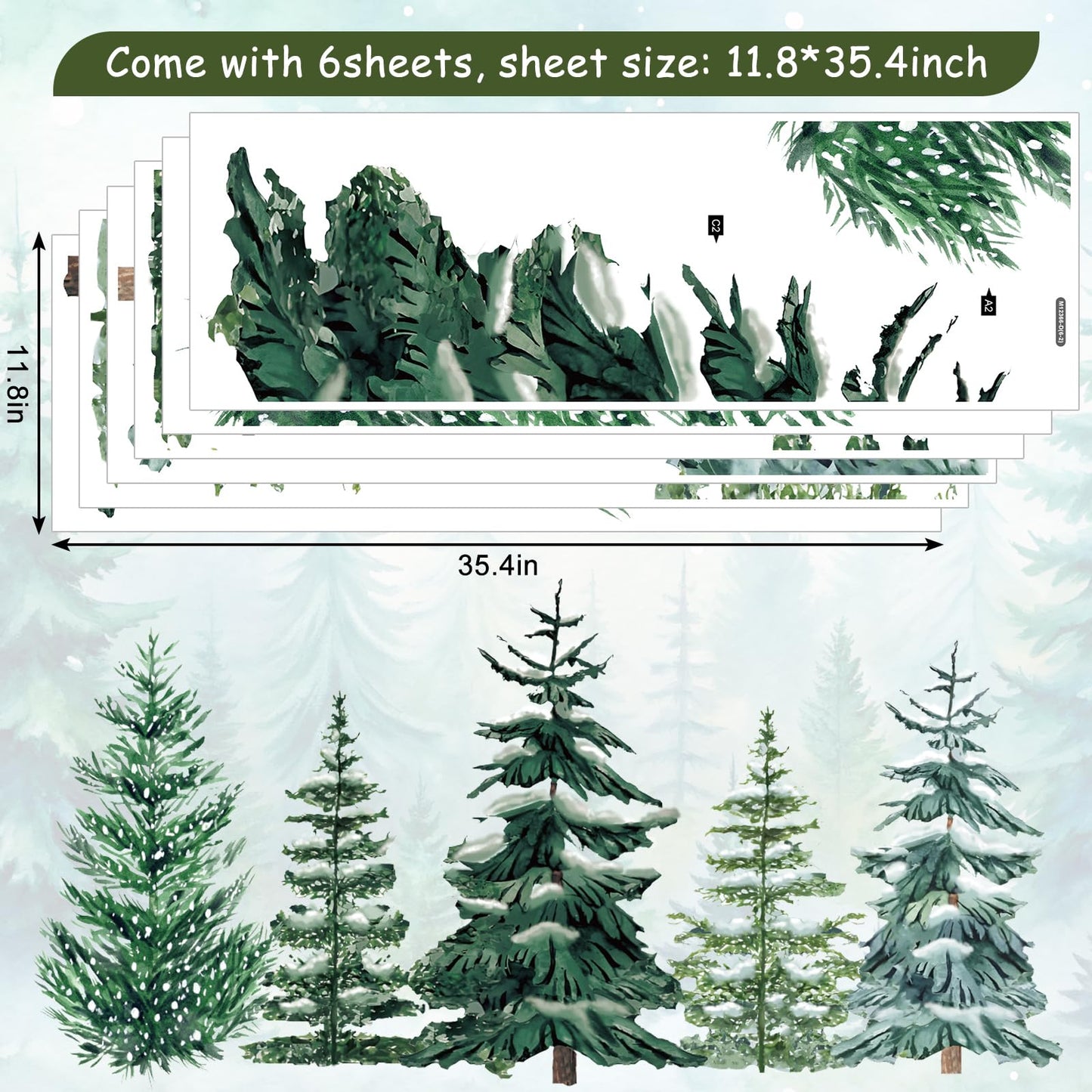 JarThenaAMCS 6 Sheets 35.4 x 71 Inch Winter Christmas Wall Stickers Snowy Forest Pine Tree Wall Stickers Peel and Stick Large Room Mural Decals for Xmas Home Party Decoration
