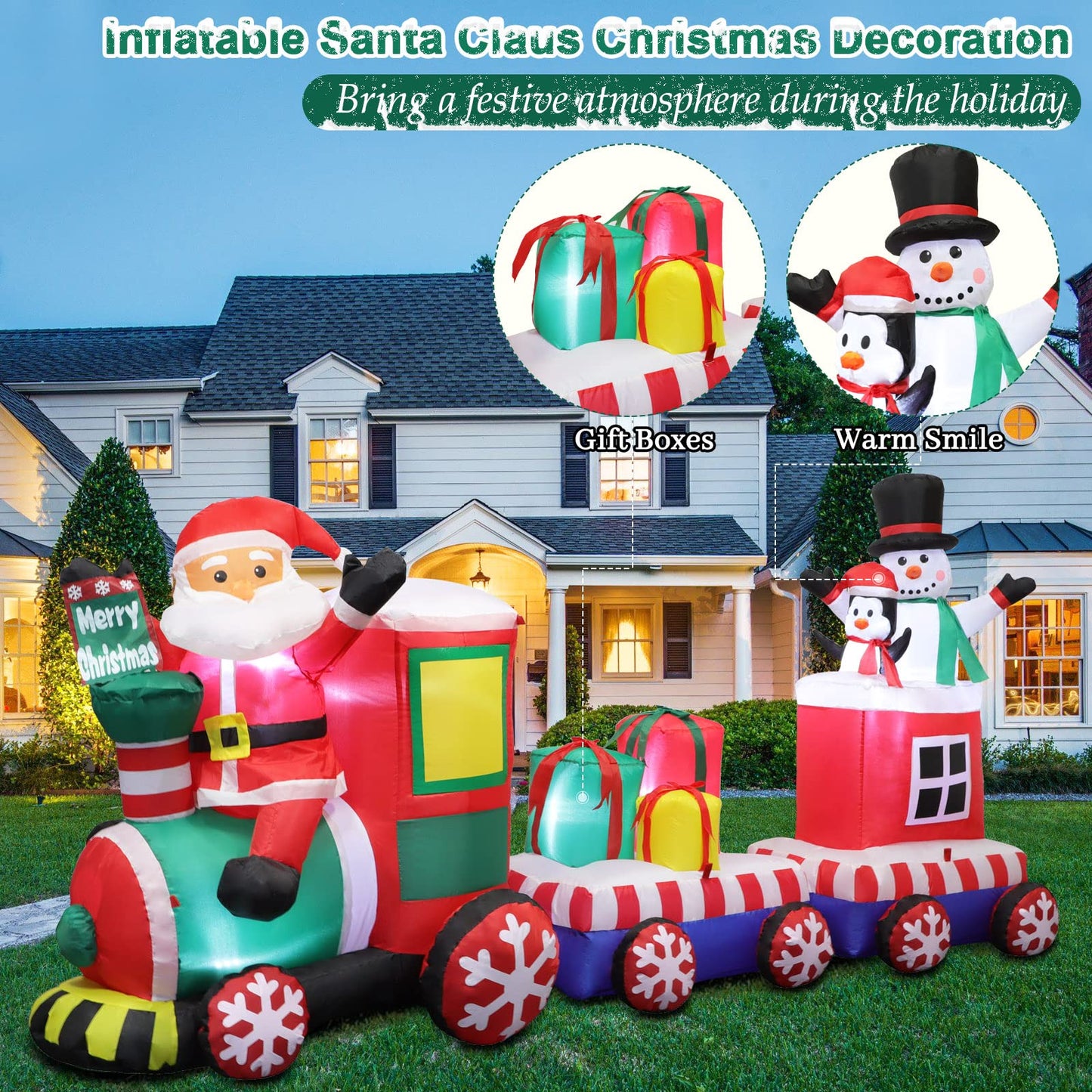 8 FT Christmas Inflatable Train with Santa Claus, Snowman, Penguin, Gift Boxes, Blow Up Yard Decorations with Built-in Lights, Lovely Xmas Train Carriage for Holiday Display Lawn Garden Party Decor