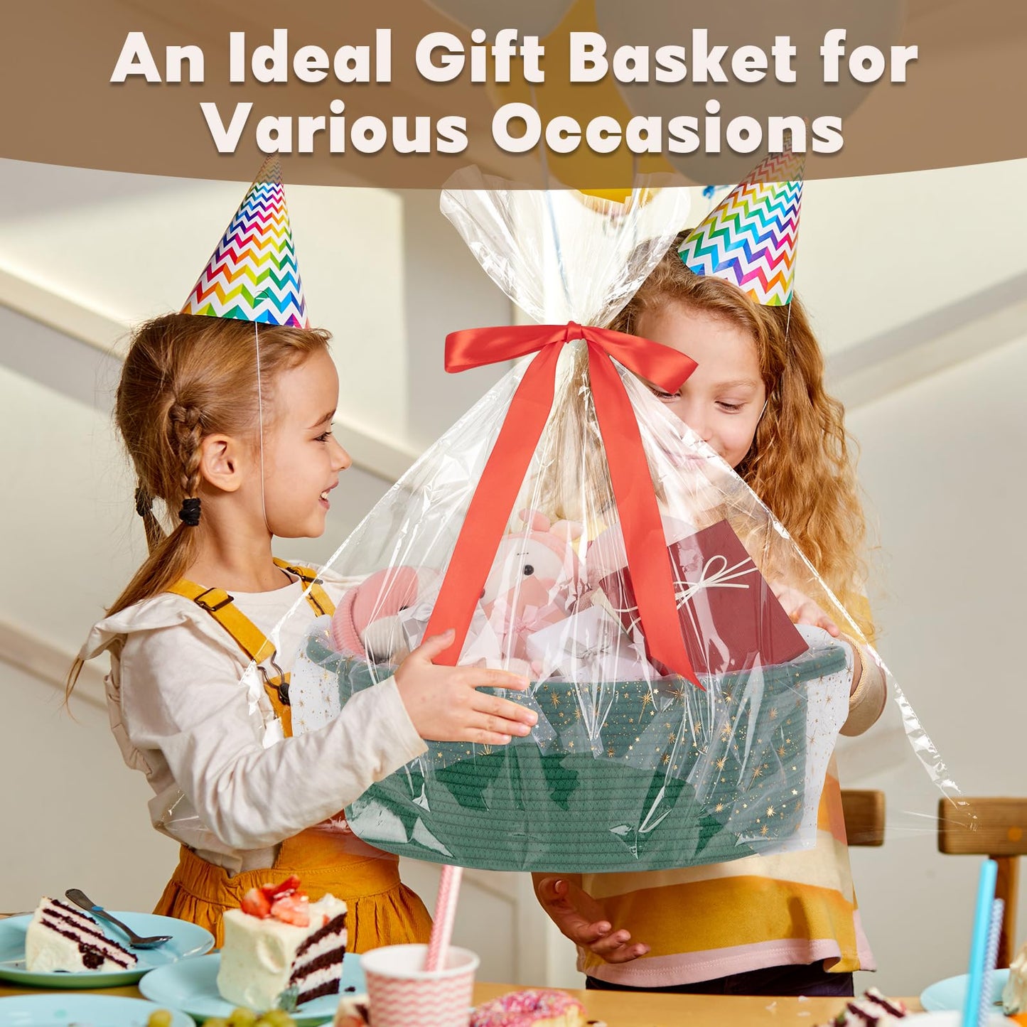 OIAHOMY Large Gift Basket Empty 17" x 12.6" x 7", Storage Basket with Gift Bag, Ribbon and Glitter Tulle for DIY Anytime, Toy Storage for Kids, Dogs with Handles in A Stylish Design - Green