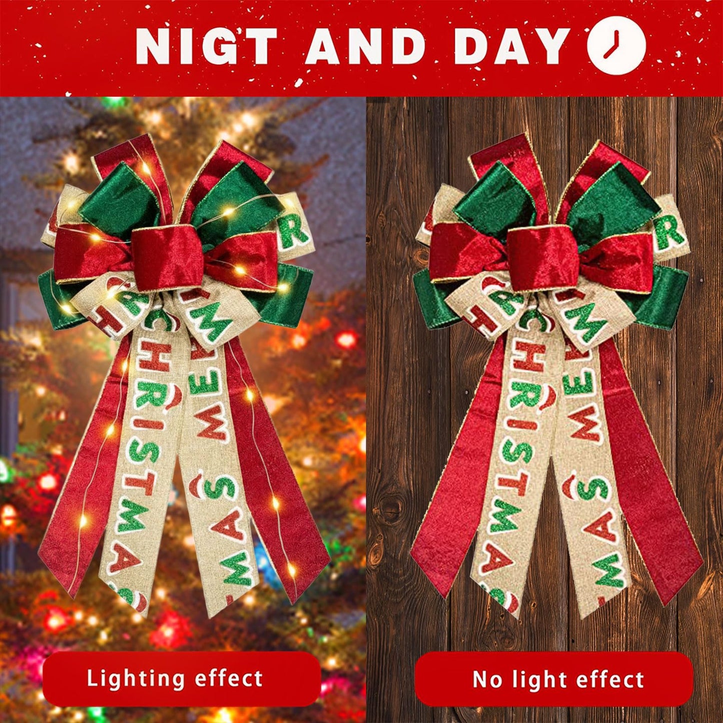 Hying Large LED Christmas Bows for Wreath, Merry Christmas Wreath Bow Red Green Velvet Bows with LED Lights Xmas Farmhouse Tree Topper Bows for Front Door New Year Christmas Decoration Supplies