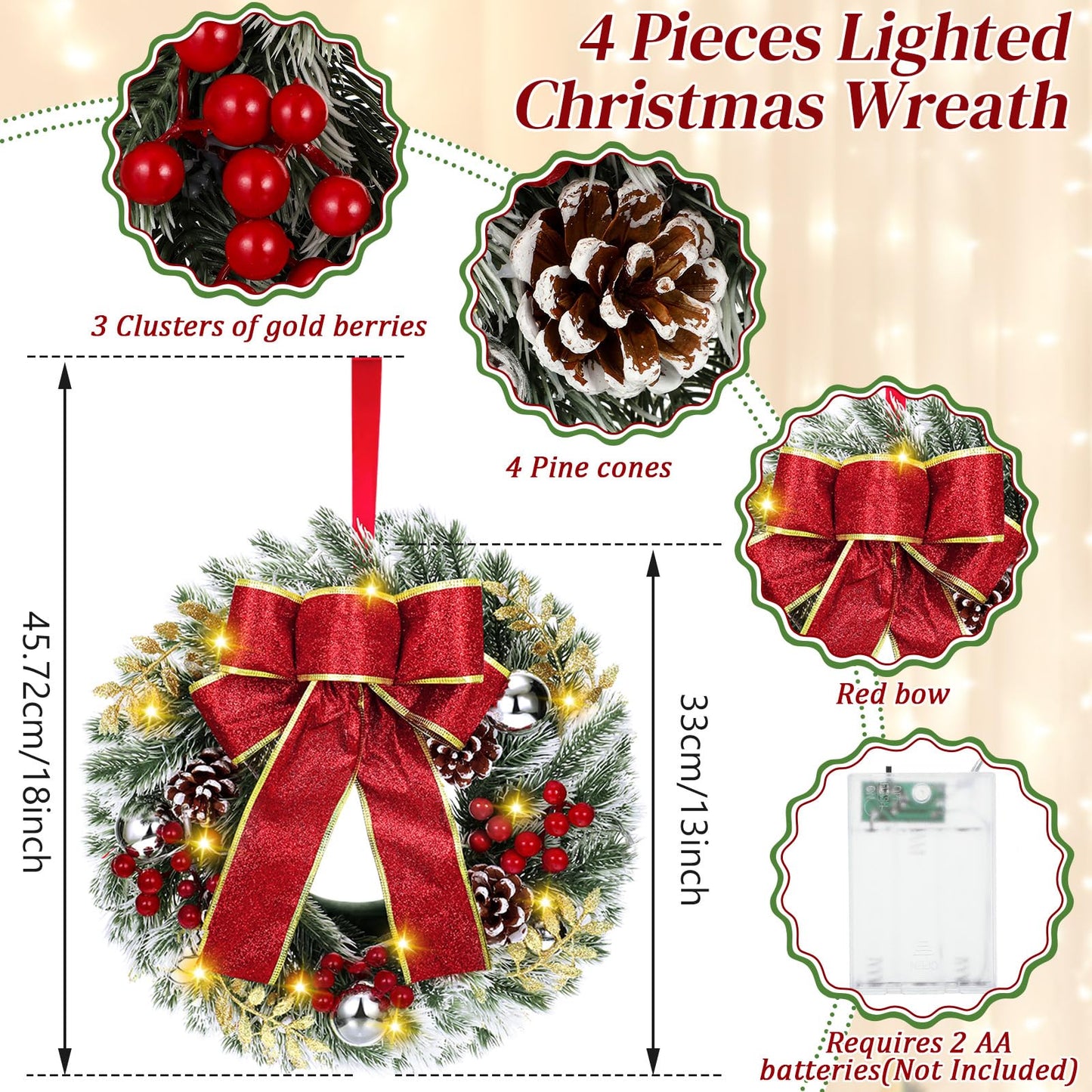 4 Pcs Lighted Christmas Wreaths, 12 Inch Pre Lit Small Xmas Wreath with Large Bow, Pine Needle Wreath with LED Lights Battery Operated Xmas Ornaments for Front Door Wall Christmas Party Decor(Silver)