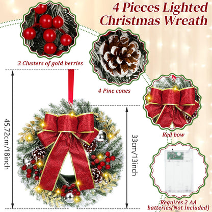 4 Pcs Lighted Christmas Wreaths, 12 Inch Pre Lit Small Xmas Wreath with Large Bow, Pine Needle Wreath with LED Lights Battery Operated Xmas Ornaments for Front Door Wall Christmas Party Decor(Silver)