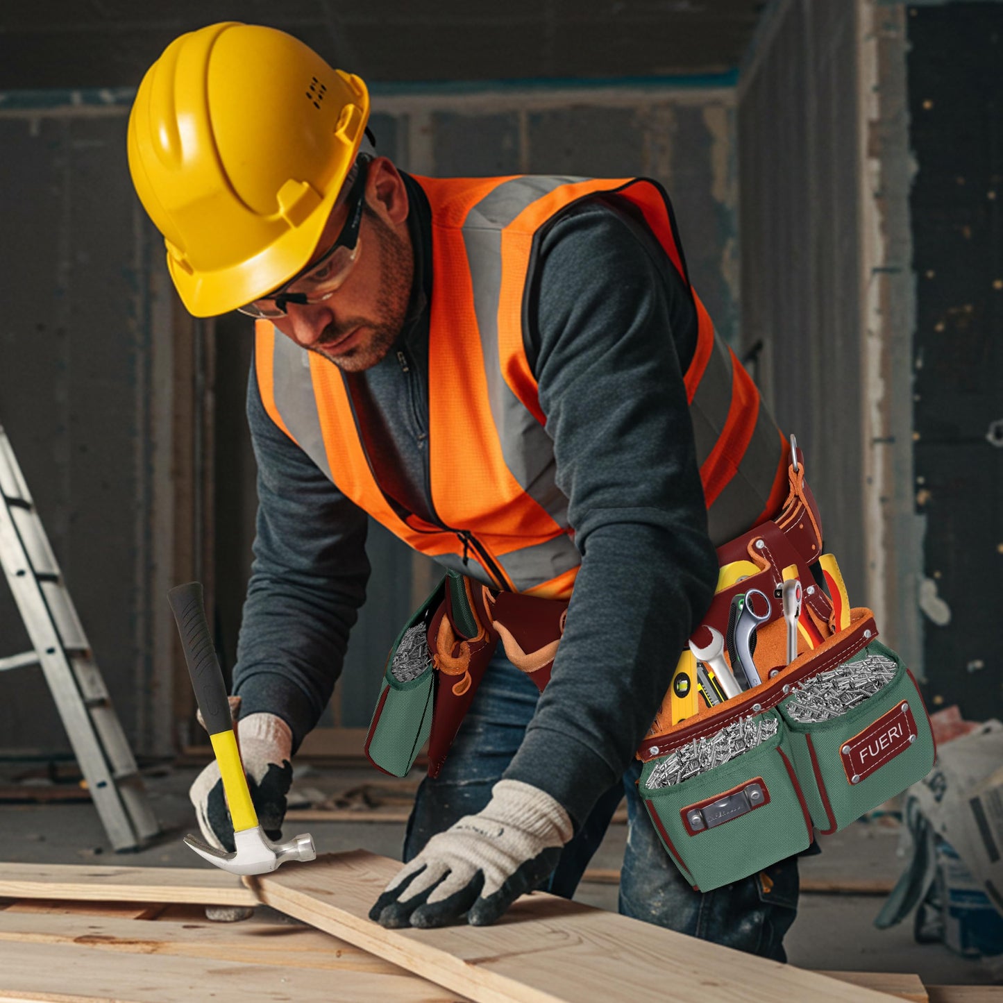 FUERI Electrician's Heavy Duty Tool Belt for Men, Made of Thick Leather and Durable Nylon, Comes with Adjustable Padded Tool Belt, Storage Capacity Tool Pouches, Hammer Holder, And Suspender Loops.