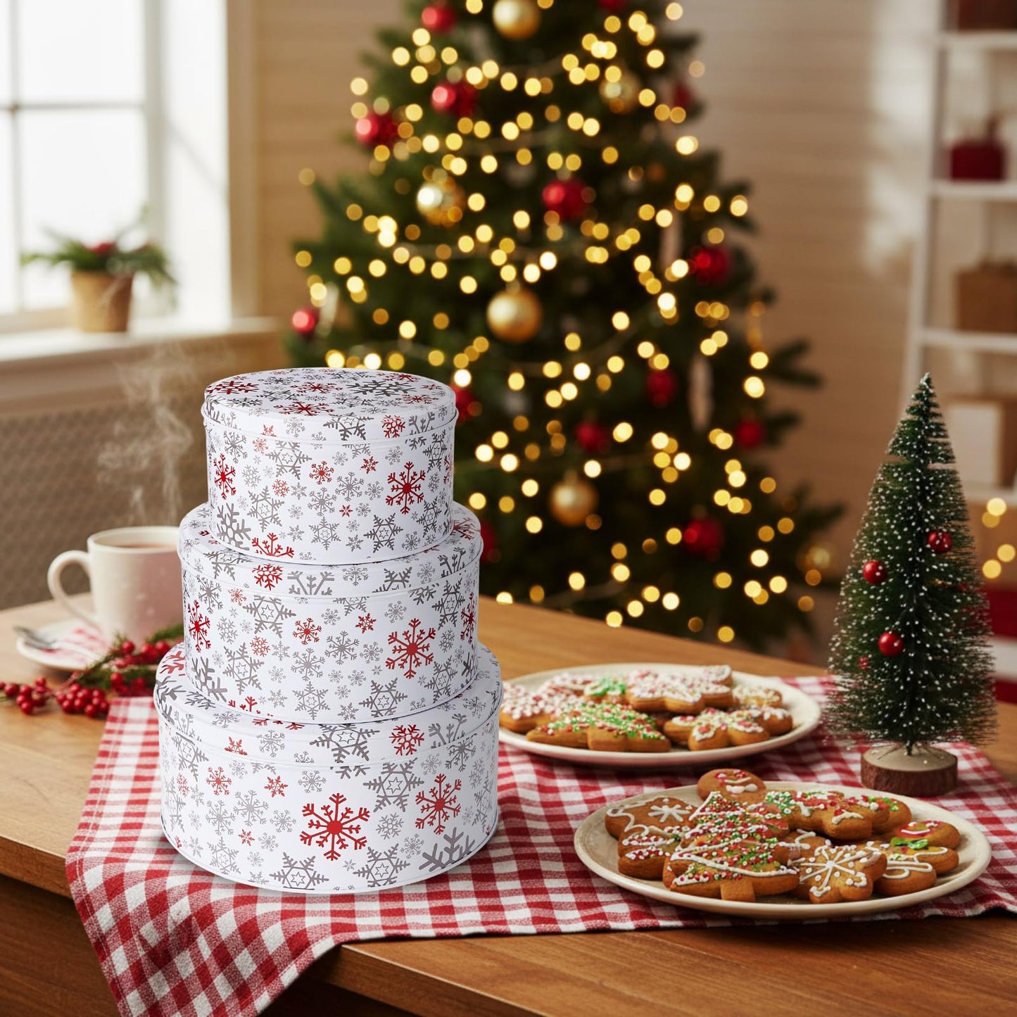 Yaomiao 9 Pcs Christmas Cookie Tins Set 3 Sizes Decorative Cookie Boxes Christmas Tins with Lids Holiday Treats Round Metal Nesting Containers Candy Biscuits Treat Boxes(Berries,Snowflakes,Tree)