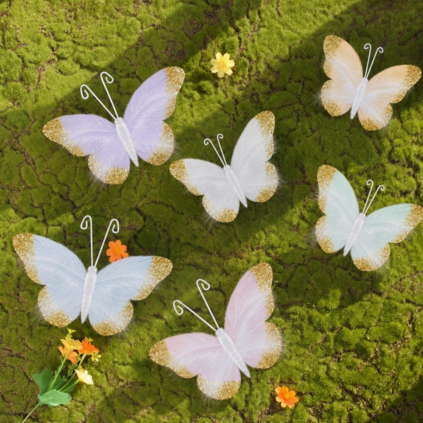 Ferrochef 24 Pcs Pastel Feather 3D Butterfly Wall Stickers Glitter Butterfly Wall Art Mural Stickers Removable Decals Decor for Wedding Party Birtyday Flower Bouquet Nursery Bedroom Cake Home Decor