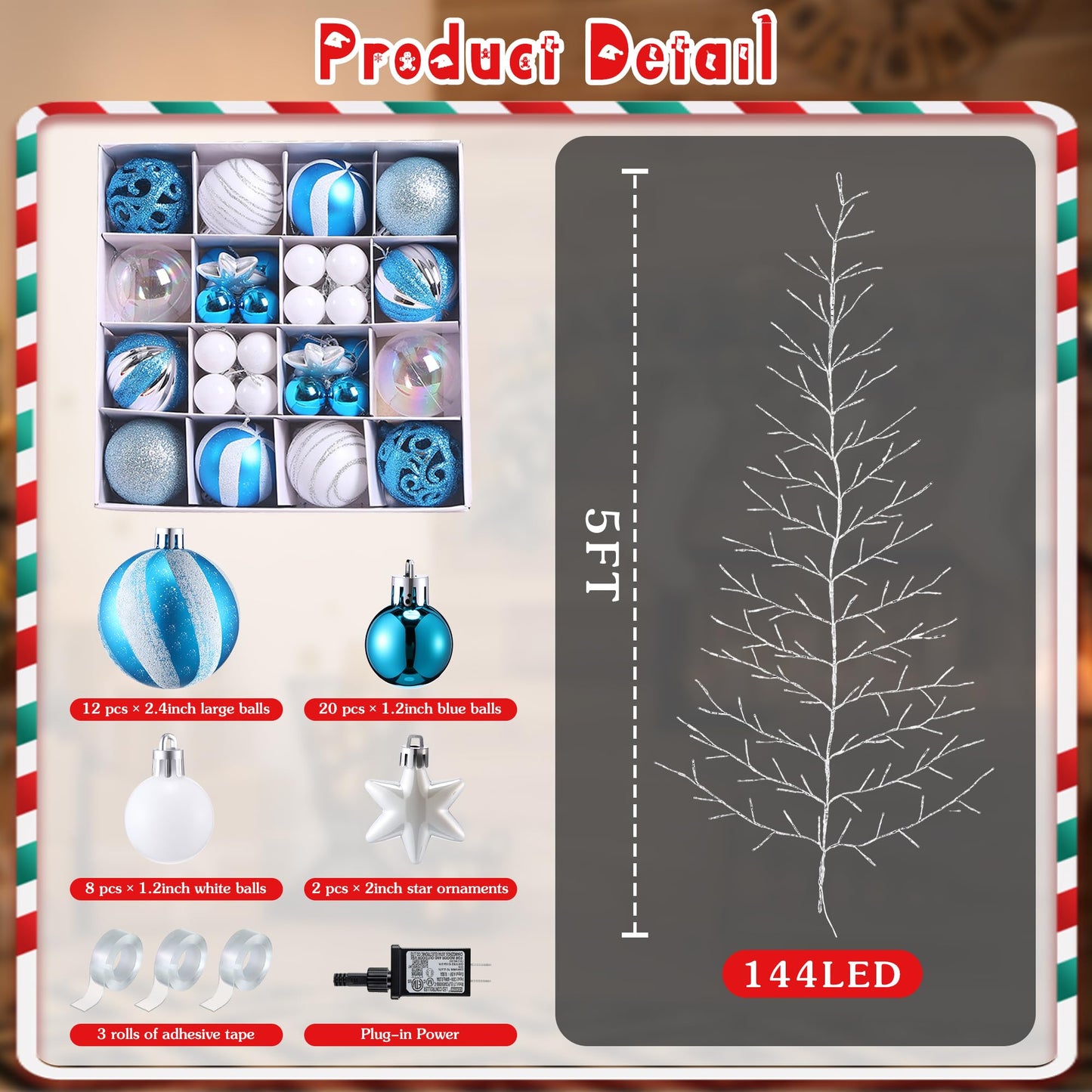 ElectricWise 5 FT 144 LED Lighted Wall Christmas Tree with Decorative Balls, 8 Light Modes Plug in Half Christmas Tree, Hanging Flat Mounted Trees for Holiday Apartment Room (Silver, Blue and White)