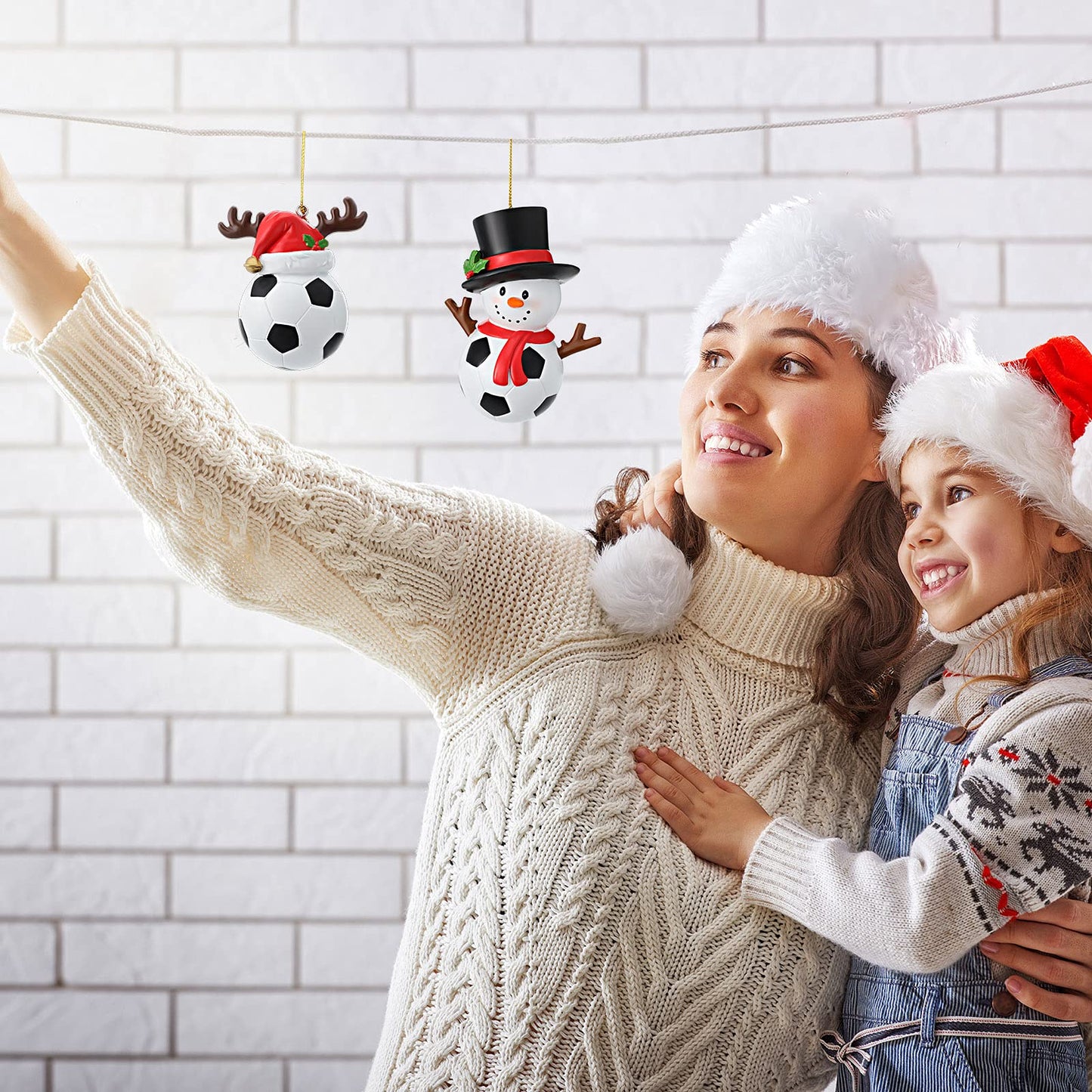 Jetec 2 Pieces Christmas Hat Soccer Ornament Snowman Hanging Ornament Xmas Reindeer Soccer Pendent Resin Snowman Decoration Christmas Tree Decoration for Fireplace Bedside Desks Shelf