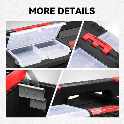 Auto Dynasty Tool Box Set Portable 2-layer Folding Toolbox with Non-slip Handle Tray for Garage, Workshop and On-the-Go Repairs, Red/Black
