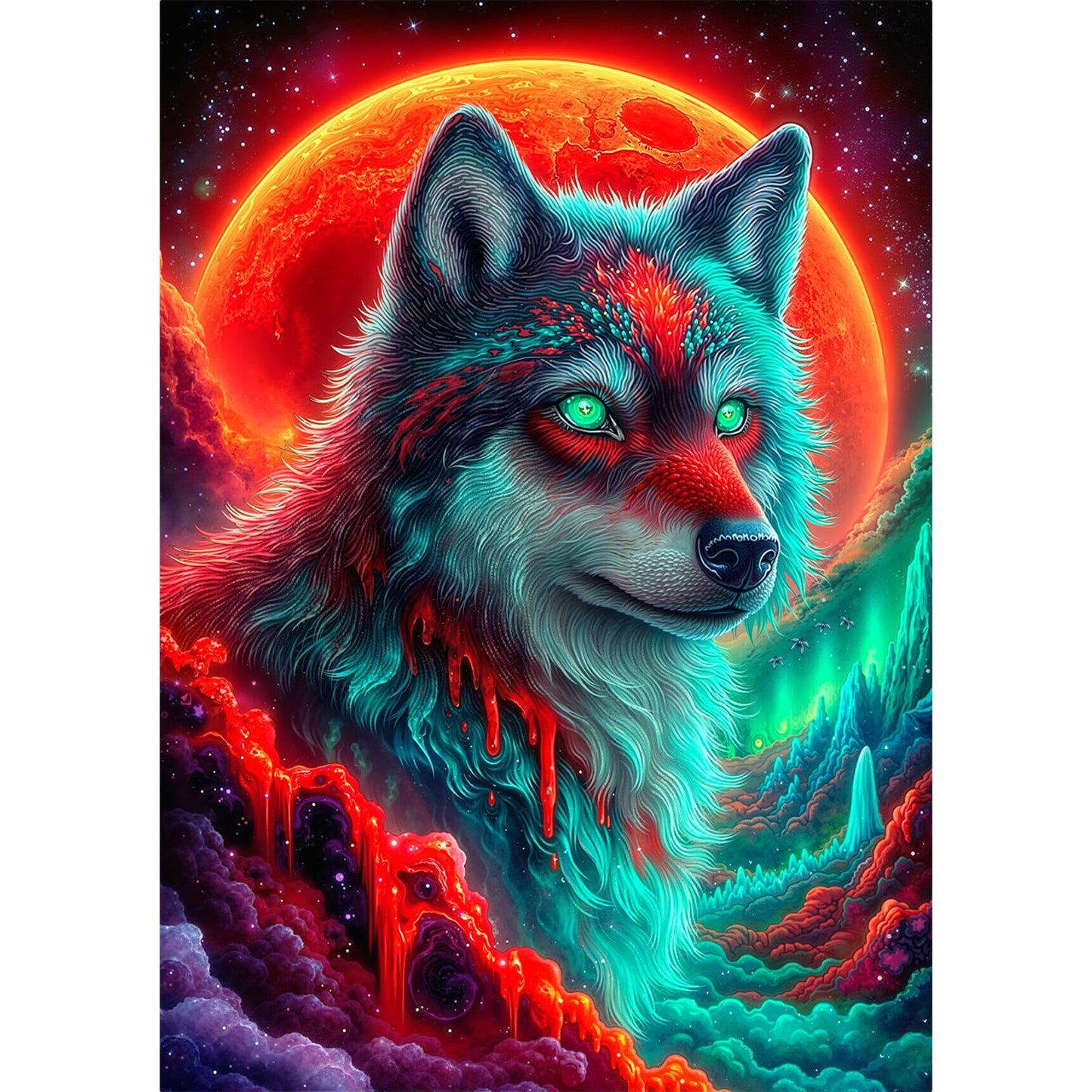 1000 Piece Jigsaw Puzzle, Psychedelic Neon Wolf with Green Eyes