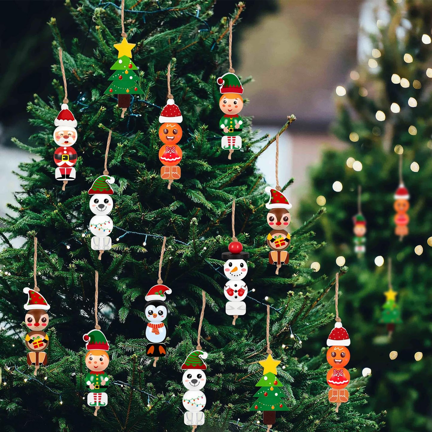 40Sets Christmas Wooden Beads Ornaments Crafts Kits：DIY Xmas Santa, Elf, Gingerbread, Penguin, Reindeer, Snowman, Tree Winter Decorations Stocking Stuffers Goodie Bag Party Supplies