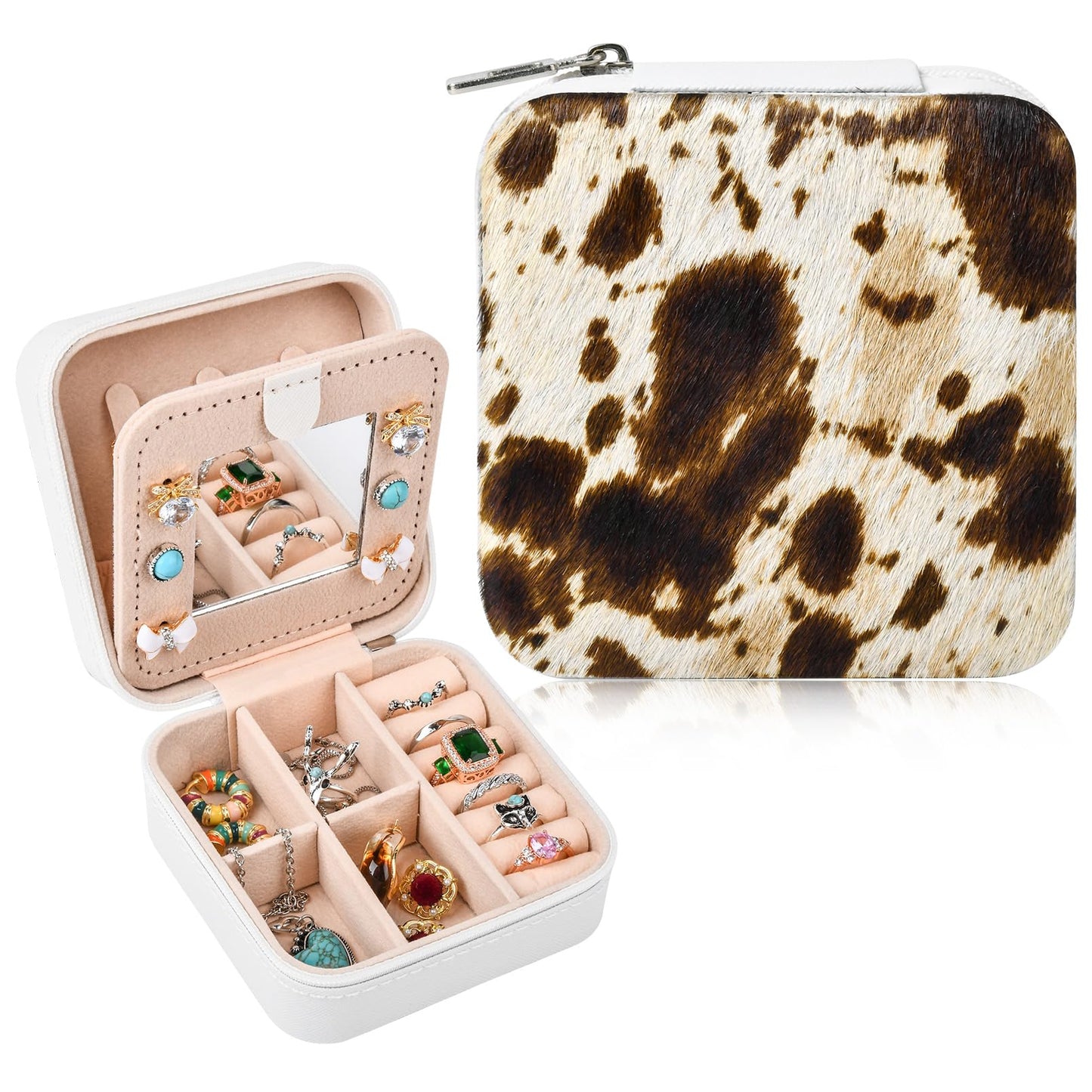 DEEKA Western Jewelry Box Case Real Leather Cow Print Cowhide Tooled Travel Jewelry Organizer Gifts Christmas Gifts for Women Country Girls Cowgirl Stuff Portable Travel Accessories -Brown
